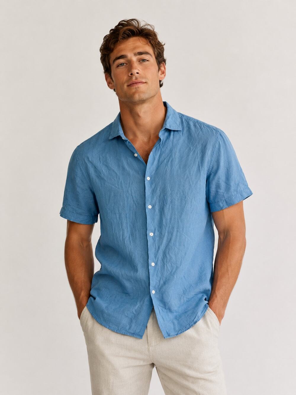 Denim & Flower Ricky Singh blue short sleeve button up shirt medium